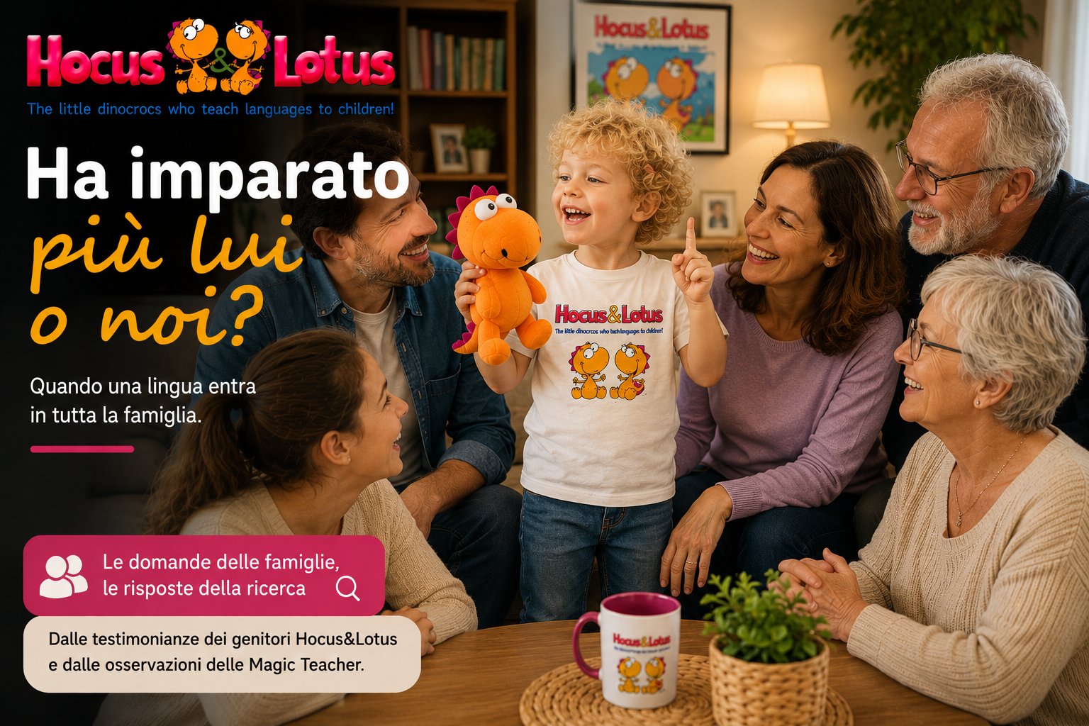 Bambino che mostra con orgoglio il pupazzo Hocus alla sua famiglia durante un percorso di apprendimento dell'inglese con Hocus&Lotus.
