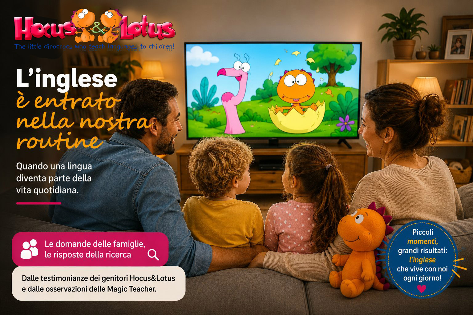Famiglia con due bambini che guarda i cartoni animati Hocus&Lotus in TV durante un momento di routine quotidiana.
